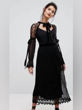 TFNC London Black Lace Tie Neck Balloon Sleeve Maxi Dress